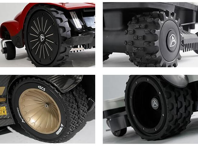 Przykłady kół w systemach jezdnych kosiarek automatycznych różnych producentów